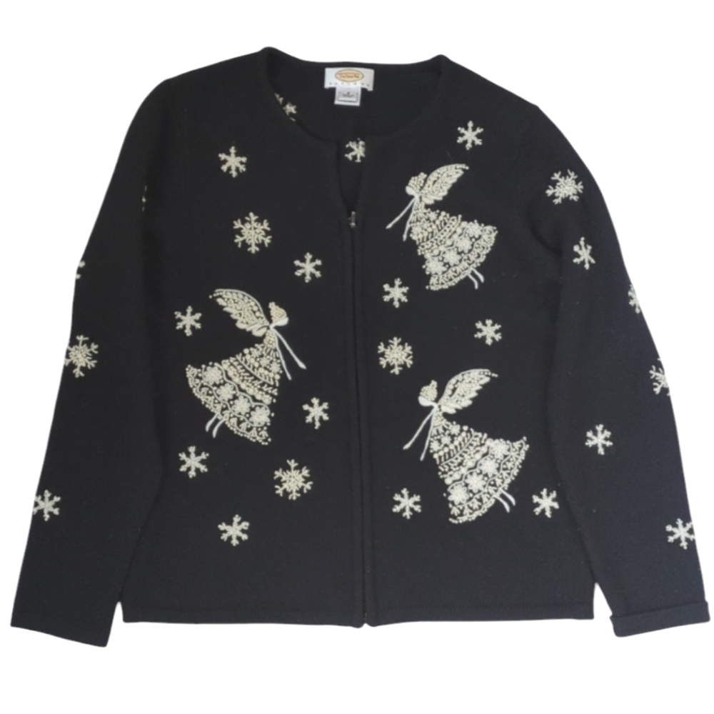Talbots Petites Wool Angora Zip Cardigan Sweater Size S Black Embroidered Angels